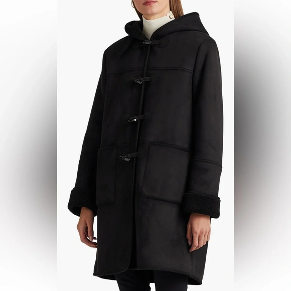 NWT LRL Ralph Lauren Faux Shearling  Toggle Coat Womens size L Black $350 - Picture 1 of 16